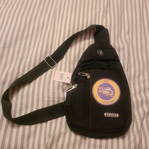 Crossbody sling backpack. LSU theme